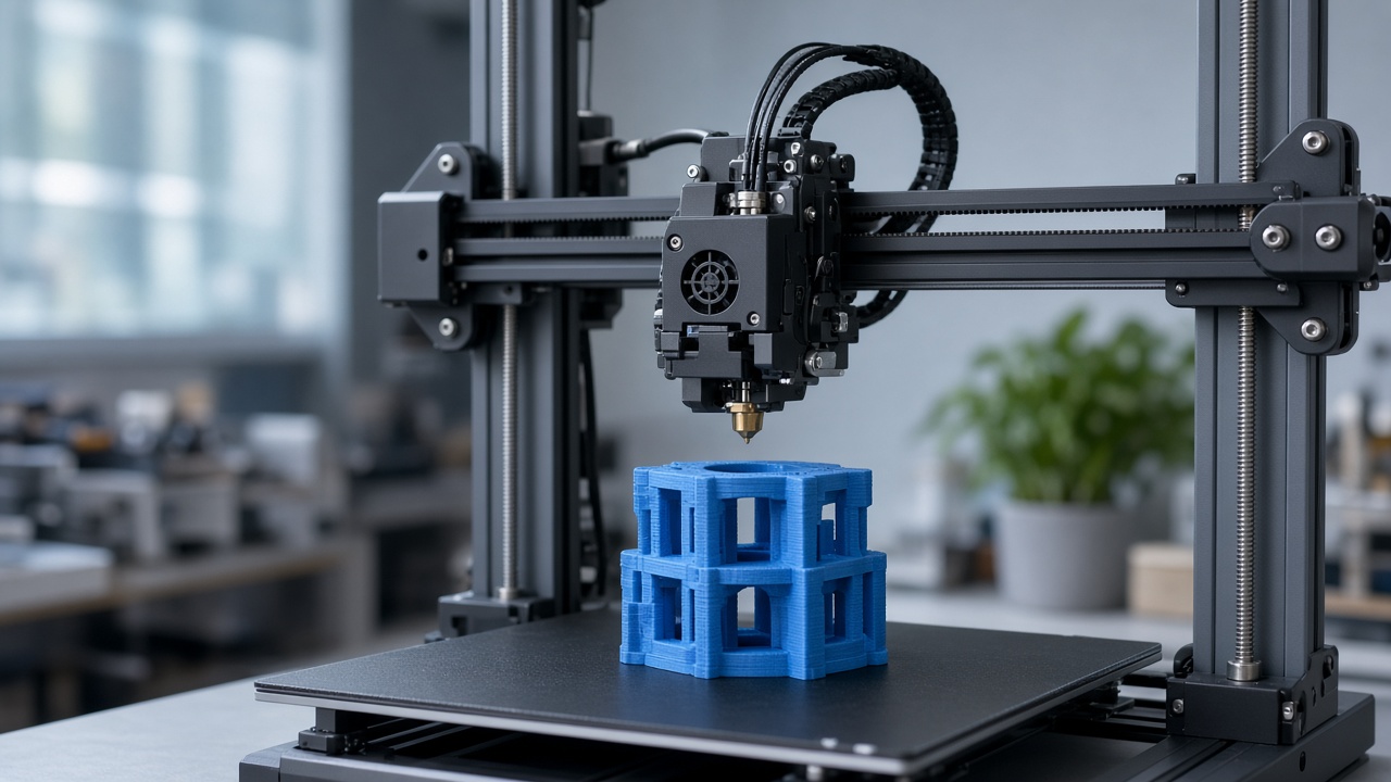 Imprimante 3D produisant une pièce mécanique bleue
